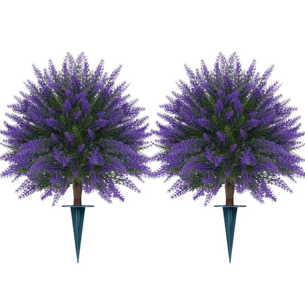 Artificial Lavender Topiary Ball,Set of 2 Artificial Boxwood Shrub Bushes with Ground Spike,Fake Evergreen Tree