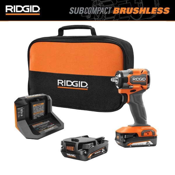 RIDGID 18V SubCompact Brushless 3/8 in. Impact Wrench Kit w/ 2.0 Ah Battery, Charger, Bag & 2.0 Ah MAX Output Battery