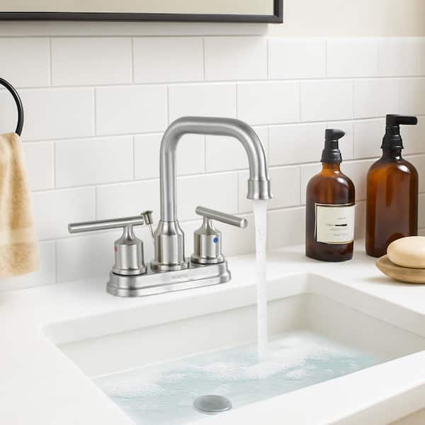 4 in. Centerset Double Handle High Arc Bathroom Faucet with Drain Kit Included in Brushed Nickel