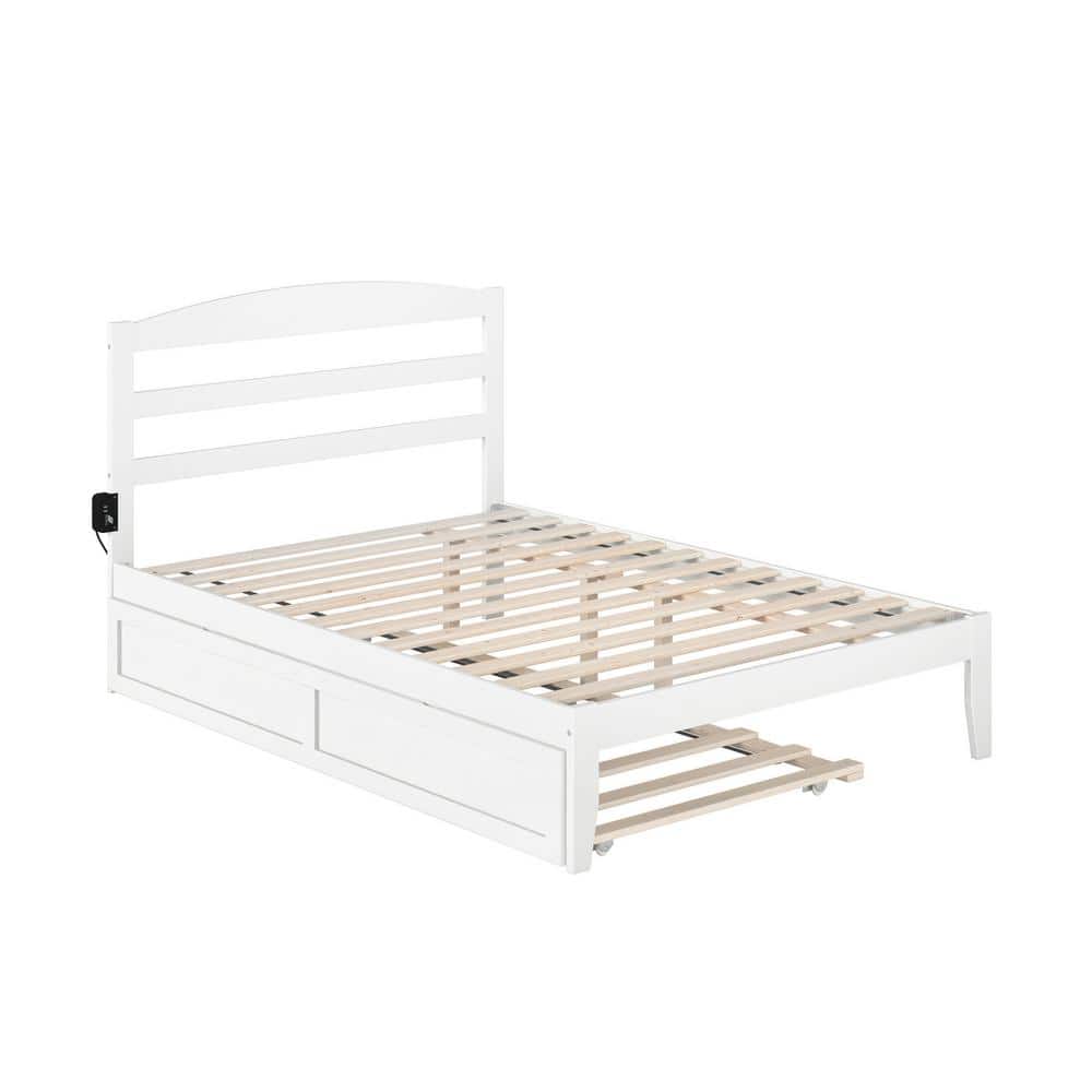 White Full Platform Bed with Trundle and Wood Headboard