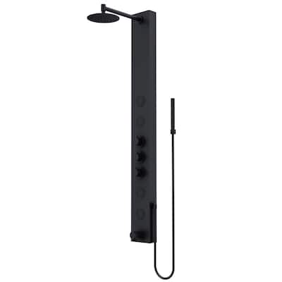 Bowery 58 in. x 6 in. 4-Jet High Pressure Shower Panel System with Circular Rainhead and Tub Filler in Matte Black