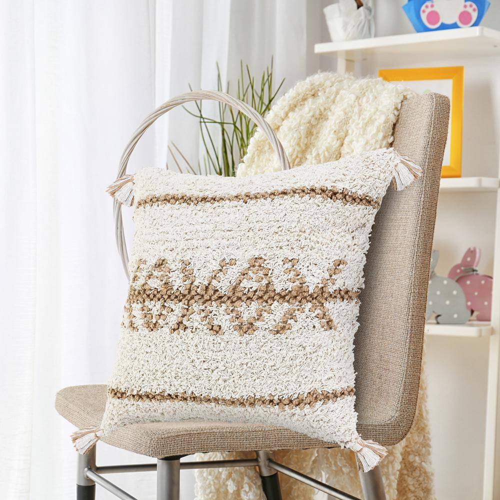 Boho-Chic Square Jute and Cotton Throw Pillow with Tassels