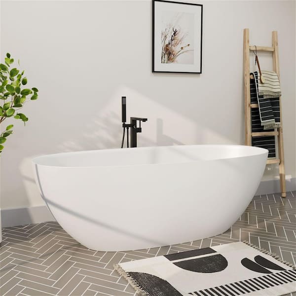 65 in. x 29.53 in. Solid Surface Stone Freestanding Double Slipper Soaking Bathtub with Right Drain in White/Matte