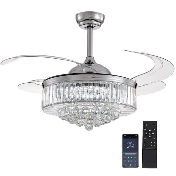 ANTOINE 48 in. Indoor Modern Chrome Retractable Crystal Ceiling Fan with Dimmable LED Light Fandelier with Remote APP Control