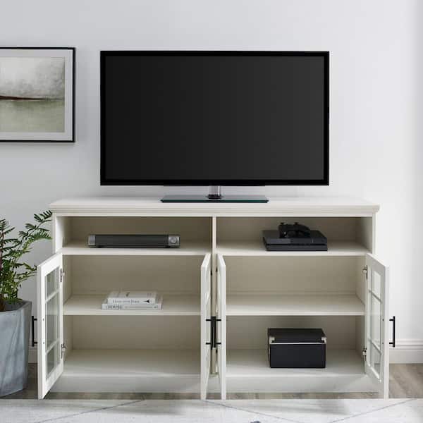 58 in. Transitional Brushed White Wood TV Stand with Glass Hatched Doors (Max TV Size 65 in.)