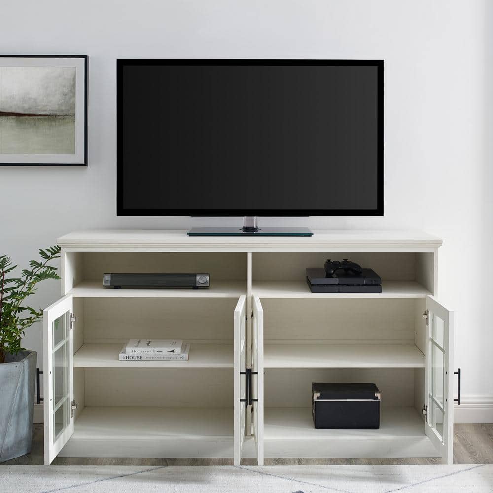 Brushed White Glass Door TV Stand with Cabinet, 58 Inch