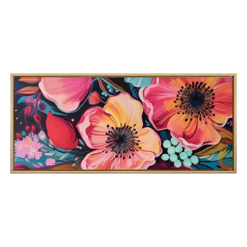 Bright Gold Framed Colorful Floral Canvas Print, 18x40