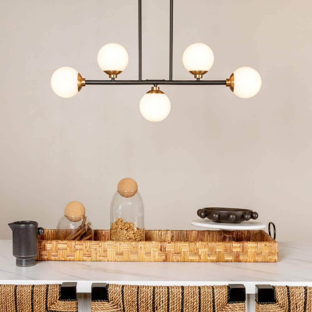Matte Black Metal and Frosted Glass 5-Light Linear Chandelier