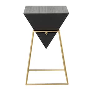 14 in. Black Inverted Pyramid Geometric Large Triangle Wood End Table with Gold Metal Frame