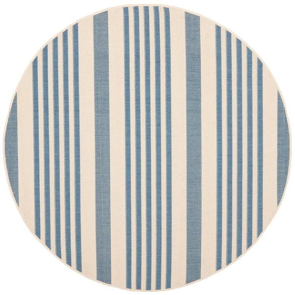 SAFAVIEH Courtyard Beige/Blue 8 ft. x 8 ft. Round Striped Indoor/Outdoor Patio  Area Rug