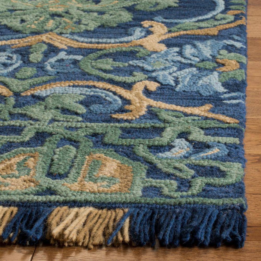 Handmade Blue and Green Floral Wool Runner Rug, 2'3" x 8'