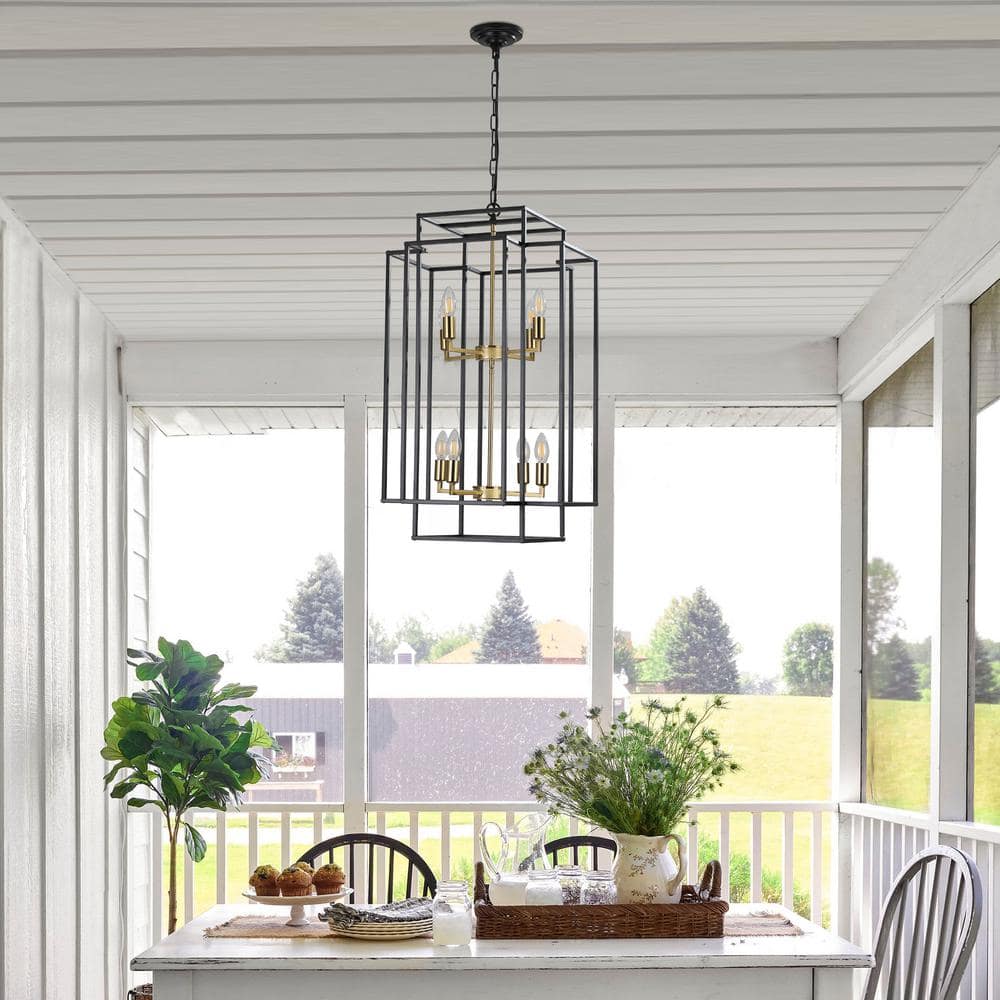 Black and Gold Geometric Metal Cage Chandelier with 8 Lights