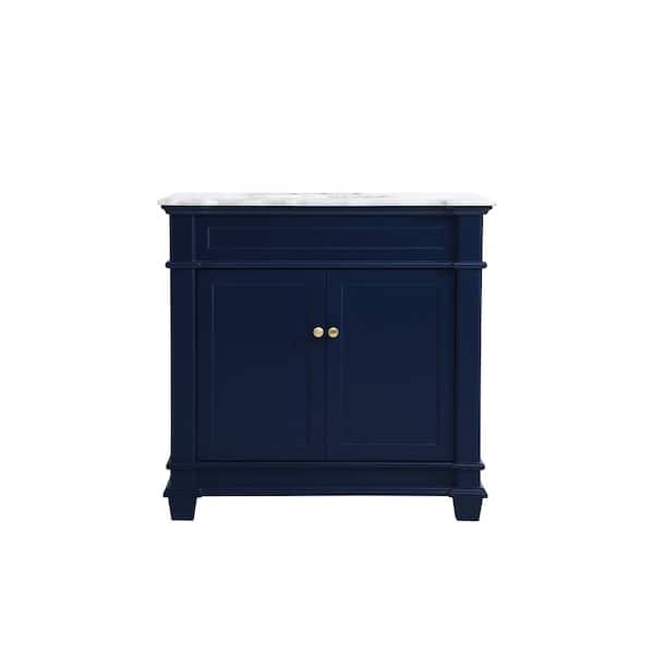 Unbranded Simply Living 36 in. Single Bathroom Vanity in Blue with Marble Vanity Top in Cararra White