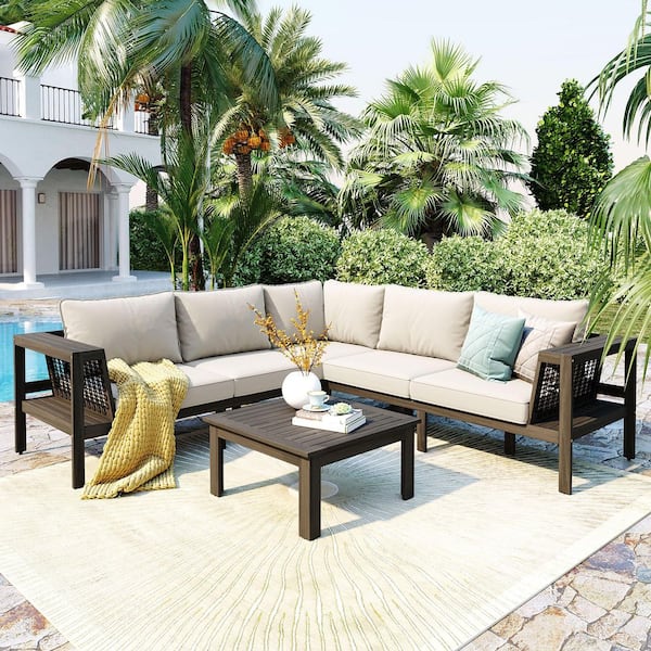 4-Piece Grayish Brown Wood Patio Conversation Set with Beige Cushions, Coffee Table, Woven Mesh Armrests