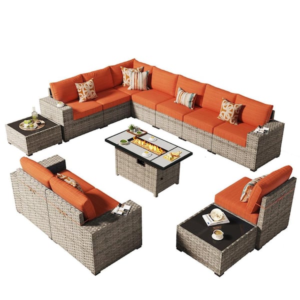 Siesta 13 Pieces Wicker Outdoor Patio Rectangular Fire Pit Set with Orange Red Cushions
