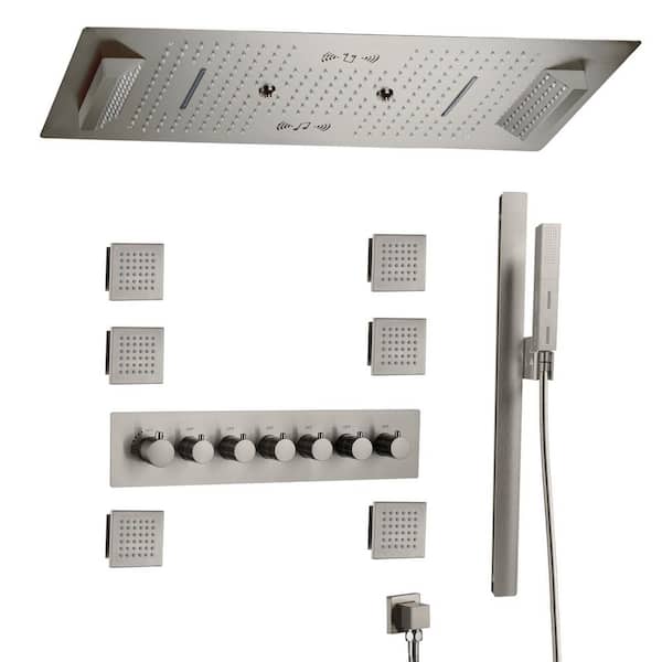 6-Spray 35 in.x16 in. LED Thermostatic Shower System 6-Function w/Fixed & Handheld Shower Head 2.5 GPM in Brushed Nickel