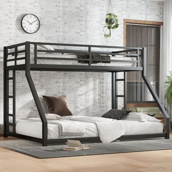 Black Twin XL Over Queen Size Metal Bunk Bed Floor Bunk Bed Frame with Ladders and Guardrails for Kids, Teens, Adult