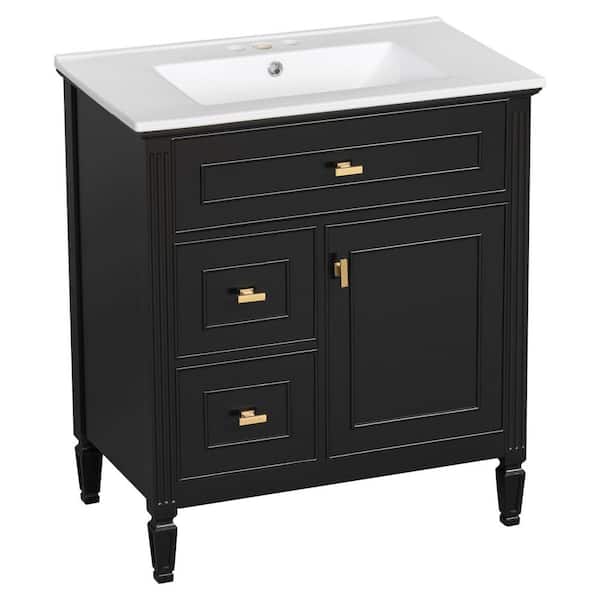 30 in. Single Sink Freestanding Black Bath Vanity with White Ceramic Top Unassembled, One Flip Drawer & Adjustable Shelf