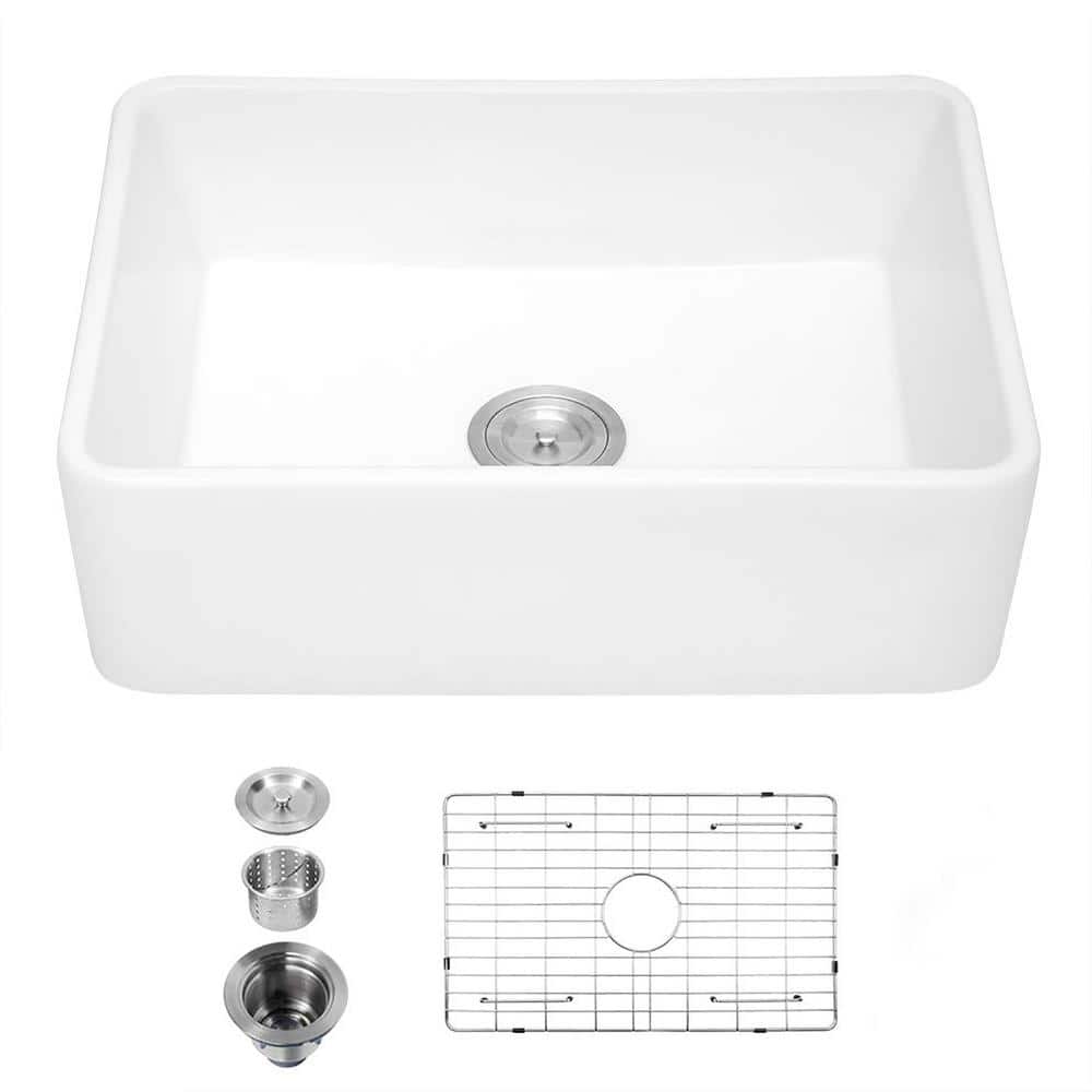 30 in. Farmhouse Single Bowl White Ceramic Kitchen Sink with Bottom Grids