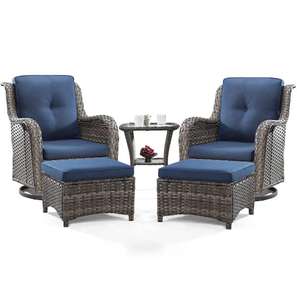 JOYSIDE 5-Piece Wicker Patio Outdoor Conversation Rocking Chair Set with Blue Cushions