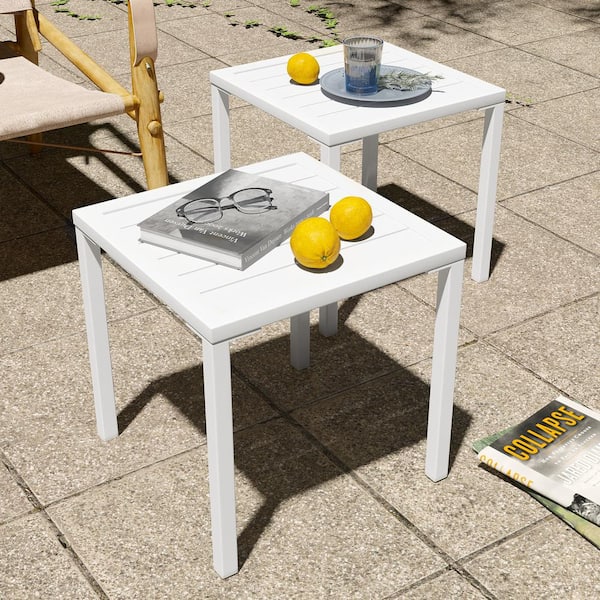 Pellebant Square Aluminum Outdoor Side Table in White (Set of 2)