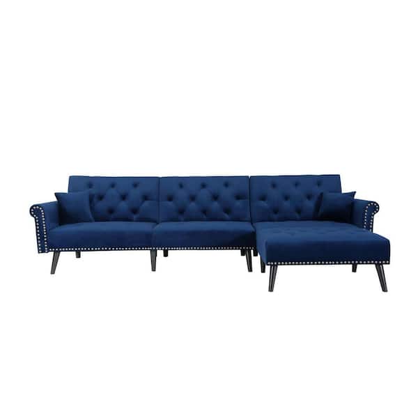 wetiny 115 in. Navy Blue Velvet Twin 3-Seats Convertible Sofa Bed Sleeper
