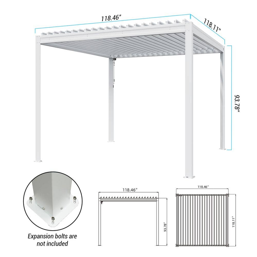 White 10' x 10' Aluminum Louvered Pergola with Adjustable Roof