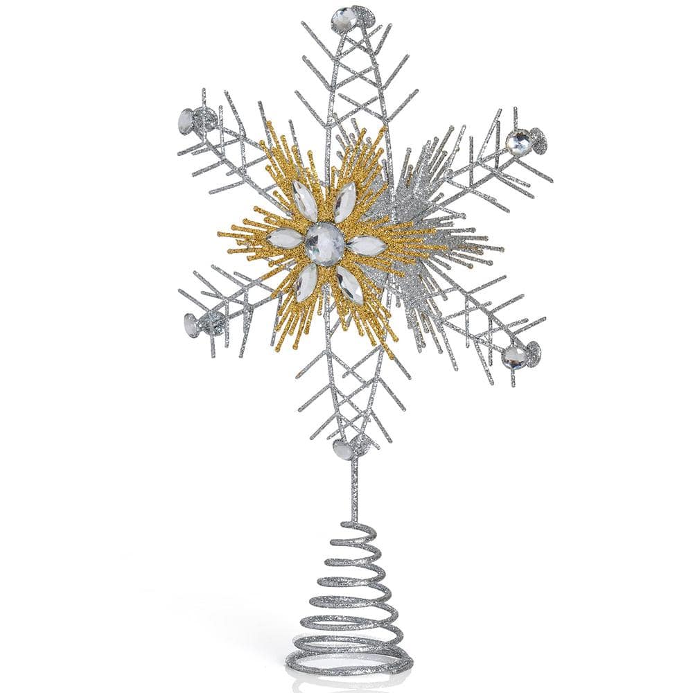 Silver and Gold Glitter Snowflake Tree Topper with Gems
