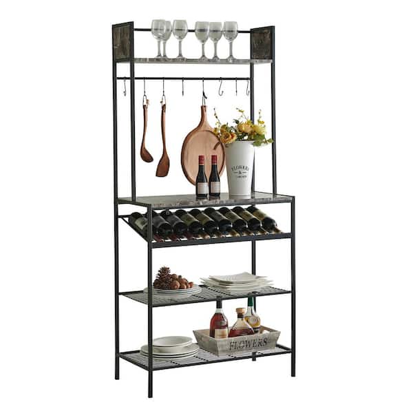 SignatureHome Black/Marble Finish 5-Shelf Metal 15 in. in. W Baker's Rack 9 Bottles Wine Shelf Capacity. (30Lx15Wx65H)