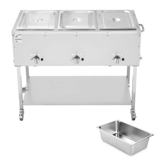3-Pan Propane Steam Table, LP Gas Soup Warmer w/ Drain Valve, 3 in. Wheels, Temp Control, for Restaurant/Camping