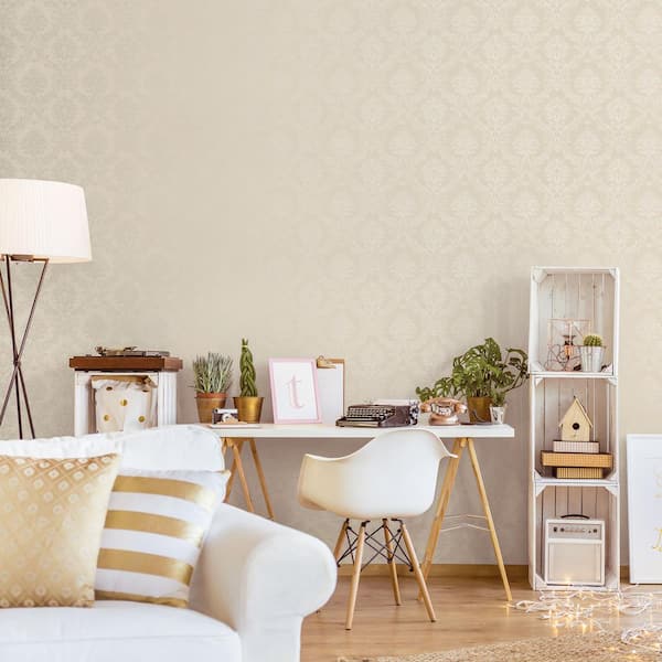Document Damask Wallpaper in Ivory and Pearl