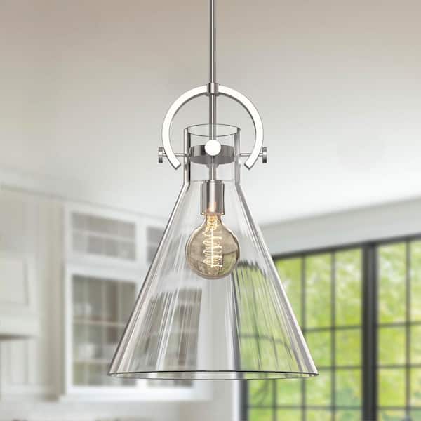 14 in. 1-Light Modern Cone Brushed Nickel Pendant Light with Clear Glass Shade for Kitchen Island
