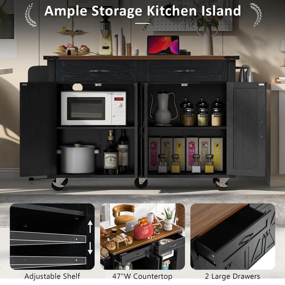 Black and Brown Farmhouse Wood Kitchen Island with Drop Leaf and Wheels
