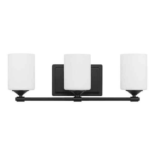 Hampton Bay Darlington 20.88 in. 3-Light Matte Black Vanity Light with Frosted Opal Glass Shades