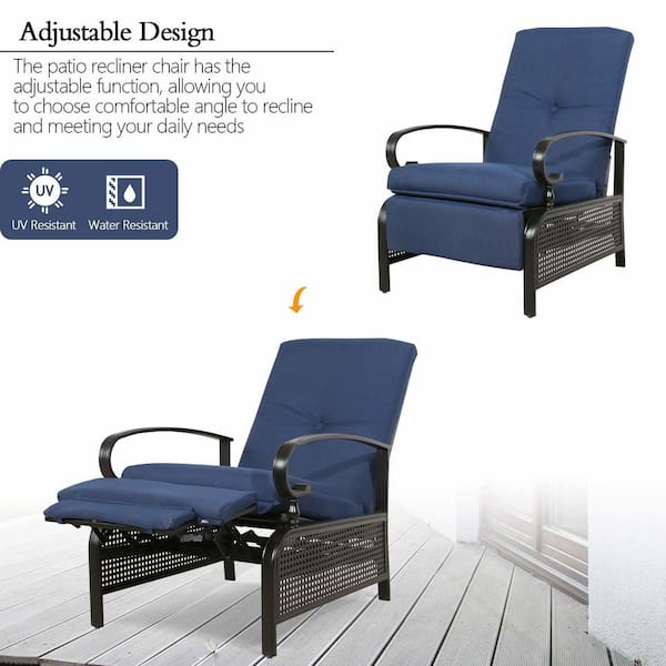 Patio Recliner Lounge Chair with Cushion, Navy Blue 