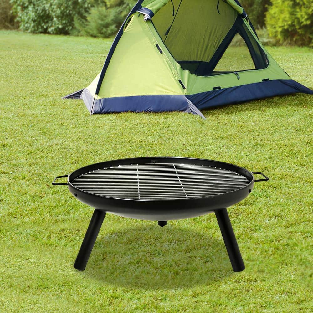 23" Black Steel Round Wood Burning Fire Pit with Grill Rack