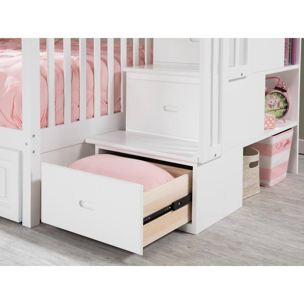 White Twin Over Twin Wood Bunk Bed with Trundle and Storage