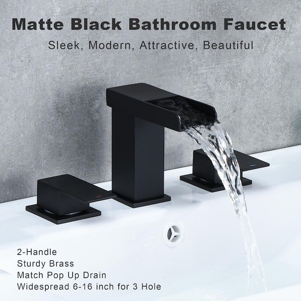 8 in. Widespread Double-Handle Waterfall Spout Bathroom Vessel Sink Faucet with Pop Up Drain in Matte Black