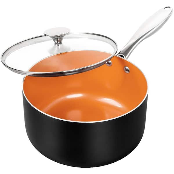 Orange 4 qt. Copper Saucepan with Lid, Ultra Nonstick Sauce Pan with Ceramic Coating, Non Stick Pot Induction Compatible