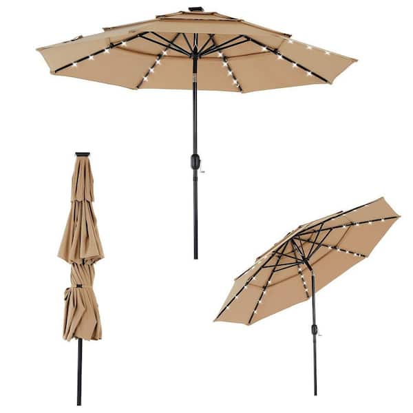 9.5 ft. Iron Patio Umbrella in Khaki with 32 LED Lights, Push Button Tilt and Crank