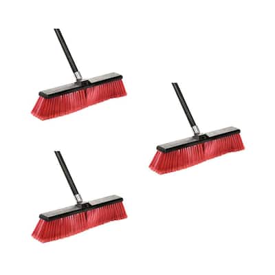 18 in. Red Indoor Outdoor Smooth Surface Push Broom (3-Pack)