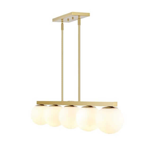 Luca Parisian 45.5 in. 5-Light Brass Gold/White Modern Glam Iron Globe Linear LED Pendant Light