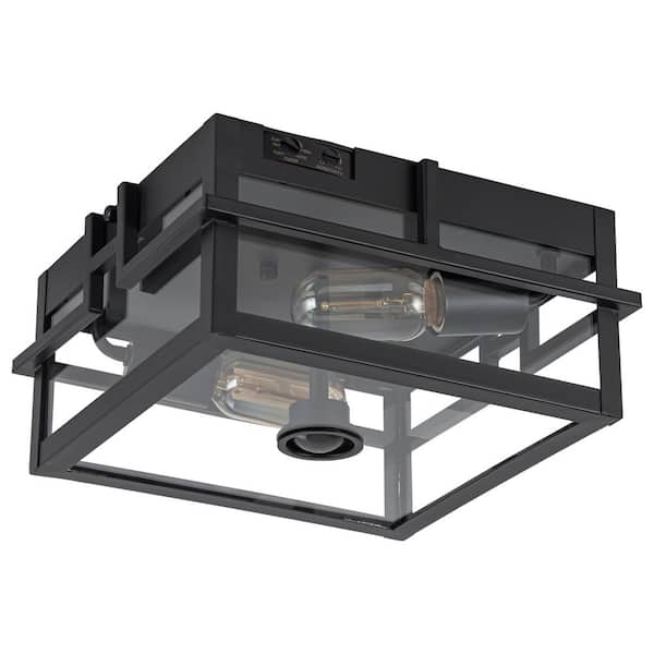 11 in. 2-Light Black Motion Sensing Dusk to Dawn Non-Dimmable No Bulb Included Outdoor Flush Mount Ceiling Light, 1-Pack
