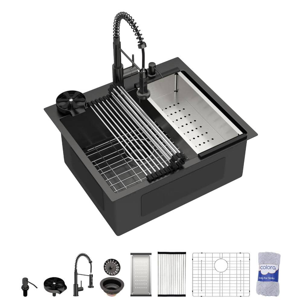 "25"" Black Drop In Workstation Kitchen Sink 16 Gauge 304 Stainless Steel Nano-PVD Single Bowl Sink with Pull Out Faucet" price history on PriceWatchPro