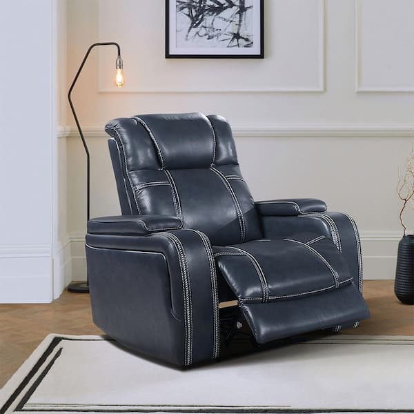 Lazzara Lafael Blue Leather Power Recliner with Power Headrest and Storage Arms