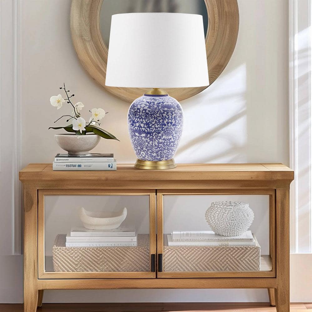 Mystique Blue Ceramic Ginger Jar Table Lamp with Gold Accents