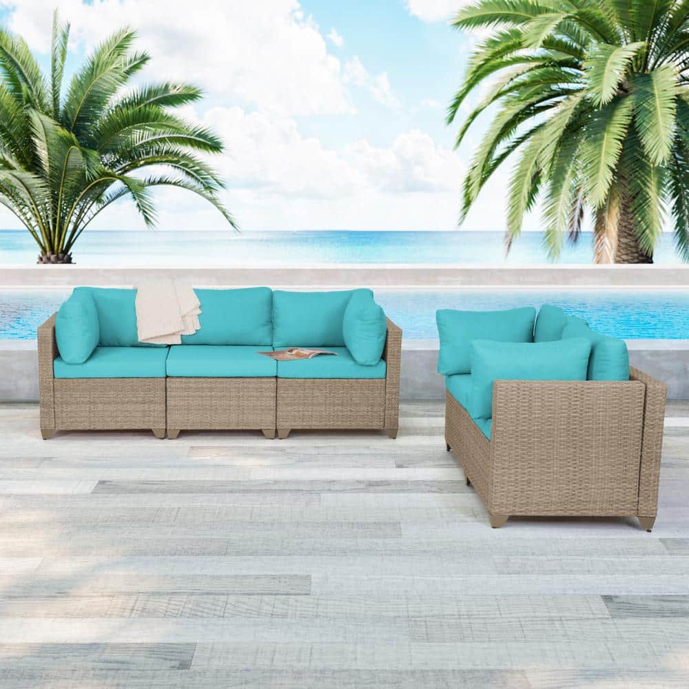 Maui 5-Piece Wicker Patio Conversation Set with Cyan Cushions