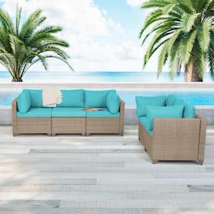 Maui 5-Piece Wicker Patio Conversation Set with Cyan Cushions