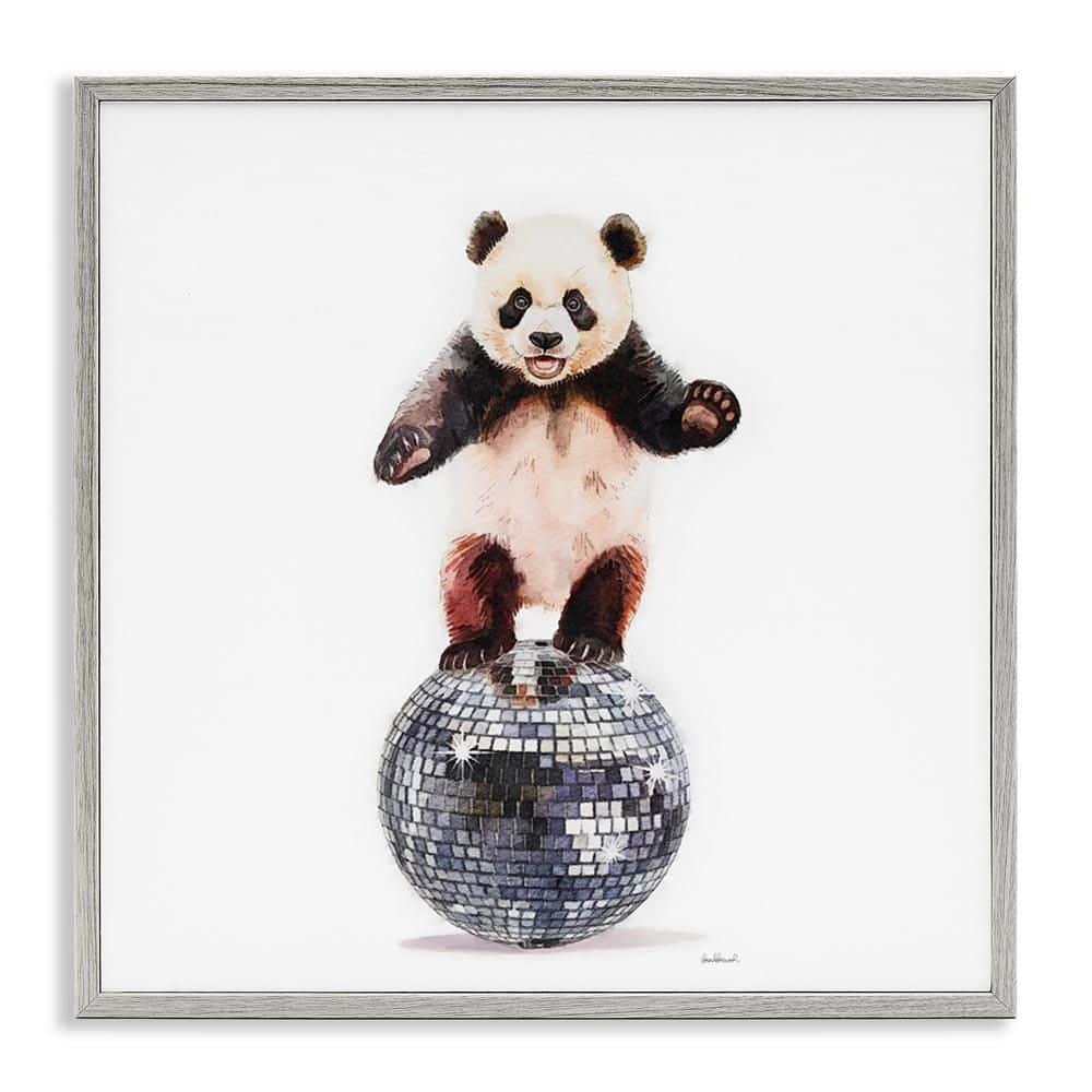 UPC 199235359455 product image for Panda Balancing on Disco Ball by Amanda Greenwood Gray Framed Animal Giclee Art  | upcitemdb.com