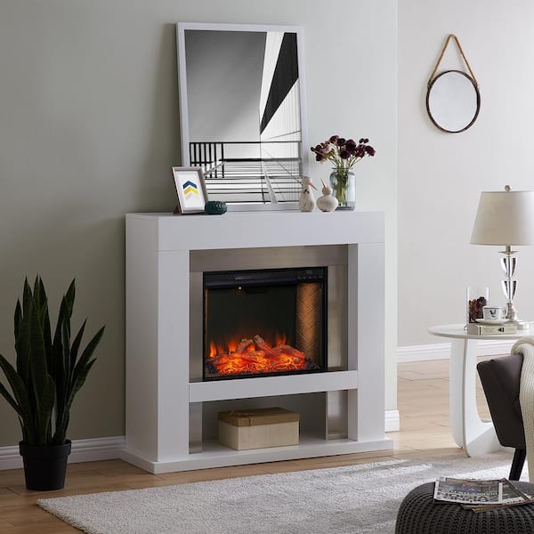 Allianne Stainless Steel 44 in. Electric Fireplace in White and Stainless Steel